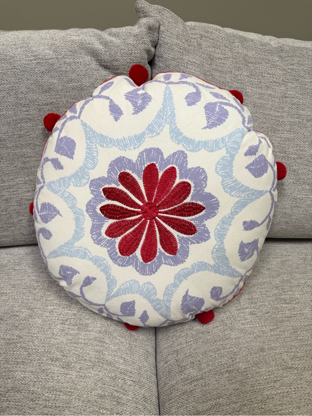 Round Floral Embroidered Accent Pillow in Red, Lavender, Light Blue